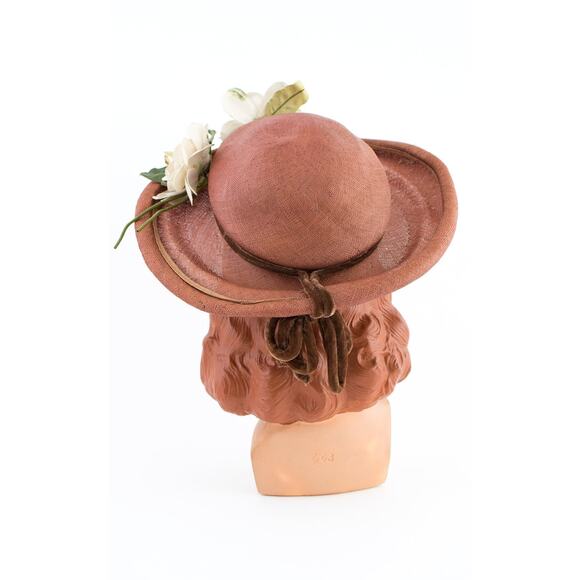 Vintage 1950s Sun Hat 50s White Floral Woven Brown Straw Wide Brim Picture Hat main image 8